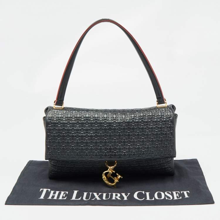 Pre Owned Carolina Herrera Black Embossed Leather Camelot Top Handle Bag