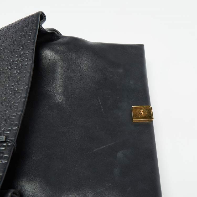 Pre Owned Carolina Herrera Black Embossed Leather Camelot Top Handle Bag