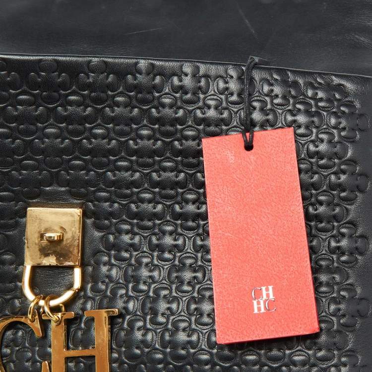 Pre Owned Carolina Herrera Black Embossed Leather Camelot Top Handle Bag