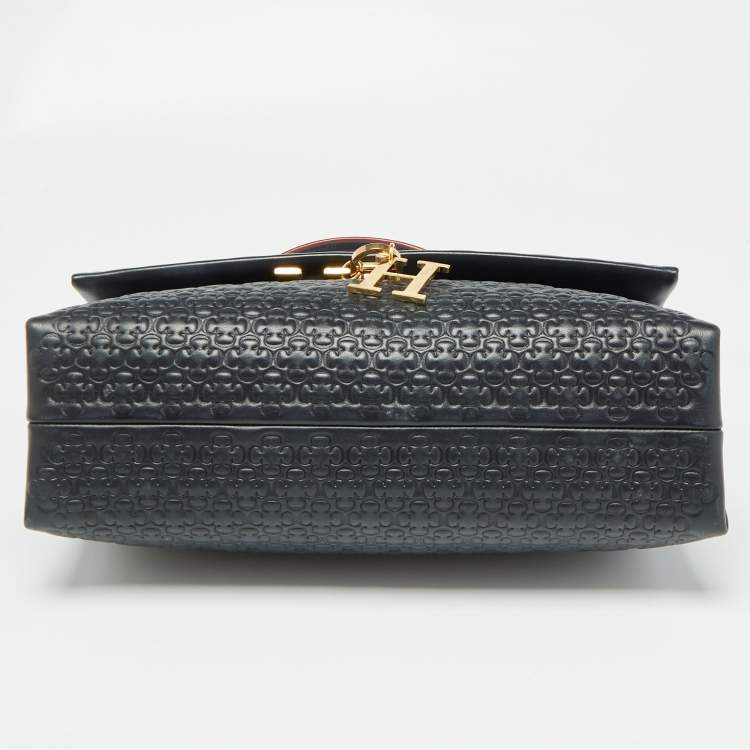 Pre Owned Carolina Herrera Black Embossed Leather Camelot Top Handle Bag