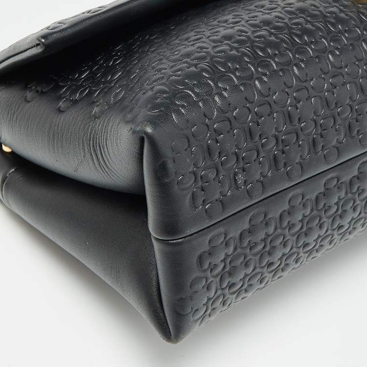Pre Owned Carolina Herrera Black Embossed Leather Camelot Top Handle Bag