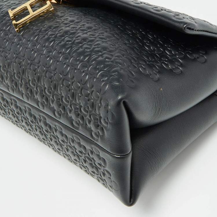 Pre Owned Carolina Herrera Black Embossed Leather Camelot Top Handle Bag