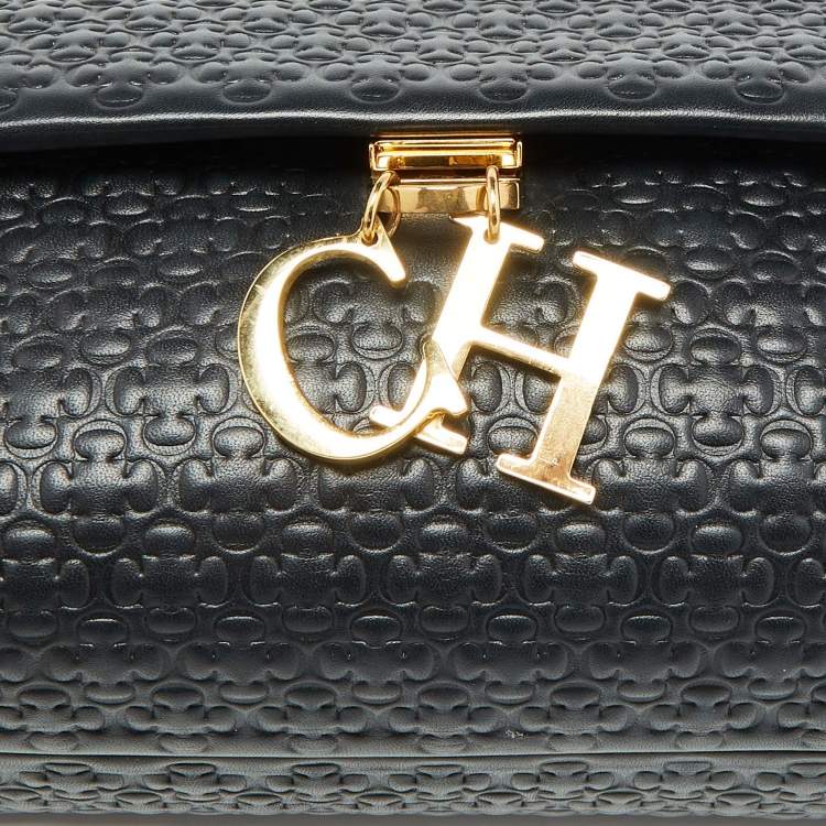 Pre Owned Carolina Herrera Black Embossed Leather Camelot Top Handle Bag