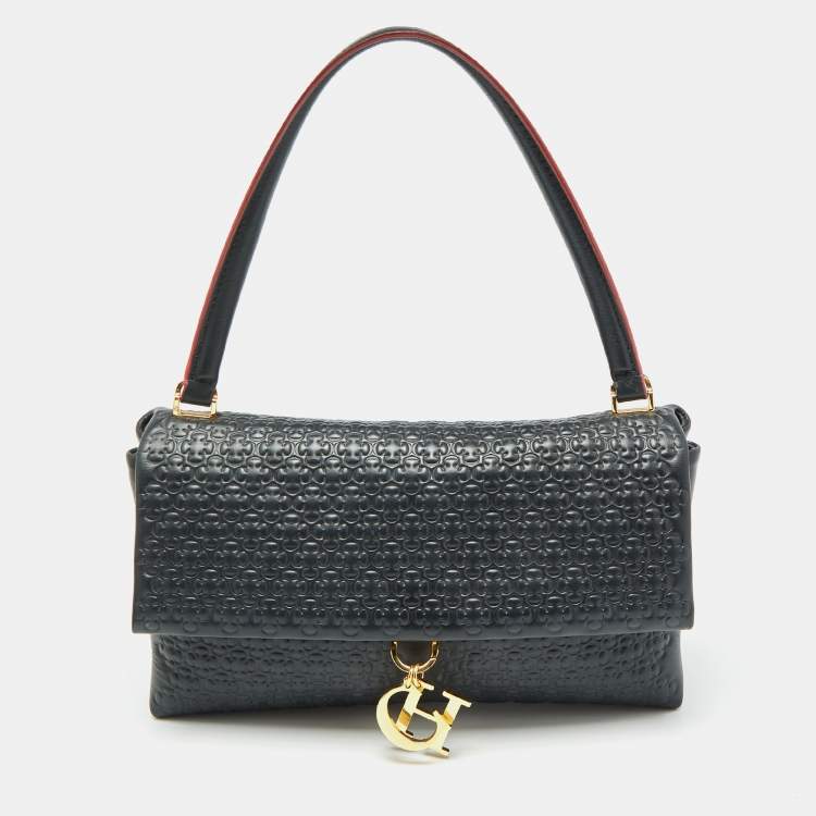 Pre Owned Carolina Herrera Black Embossed Leather Camelot Top Handle Bag