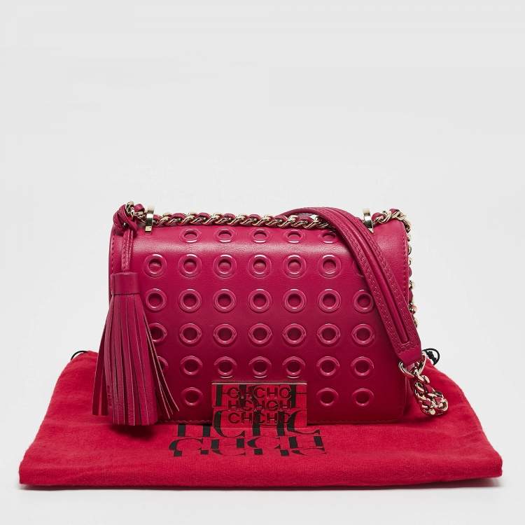 Pre Owned Carolina Herrera Pink Leather Eyelet CHHC Tassel Shoulder Bag