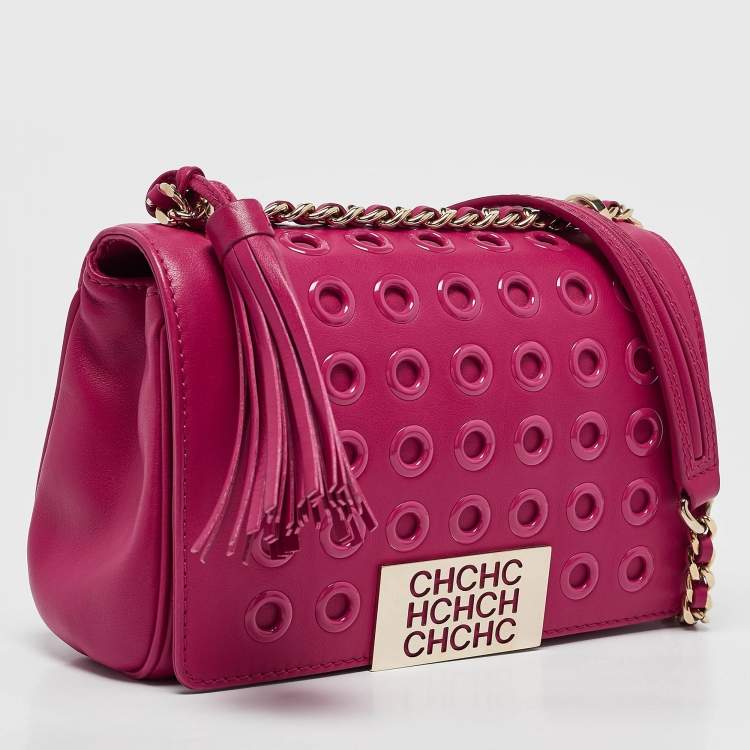 Pre Owned Carolina Herrera Pink Leather Eyelet CHHC Tassel Shoulder Bag
