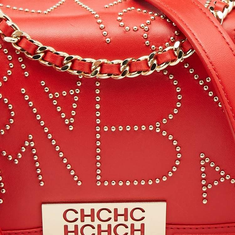 Pre Owned Carolina Herrera Red Leather Studded Bimba Shoulder Bag