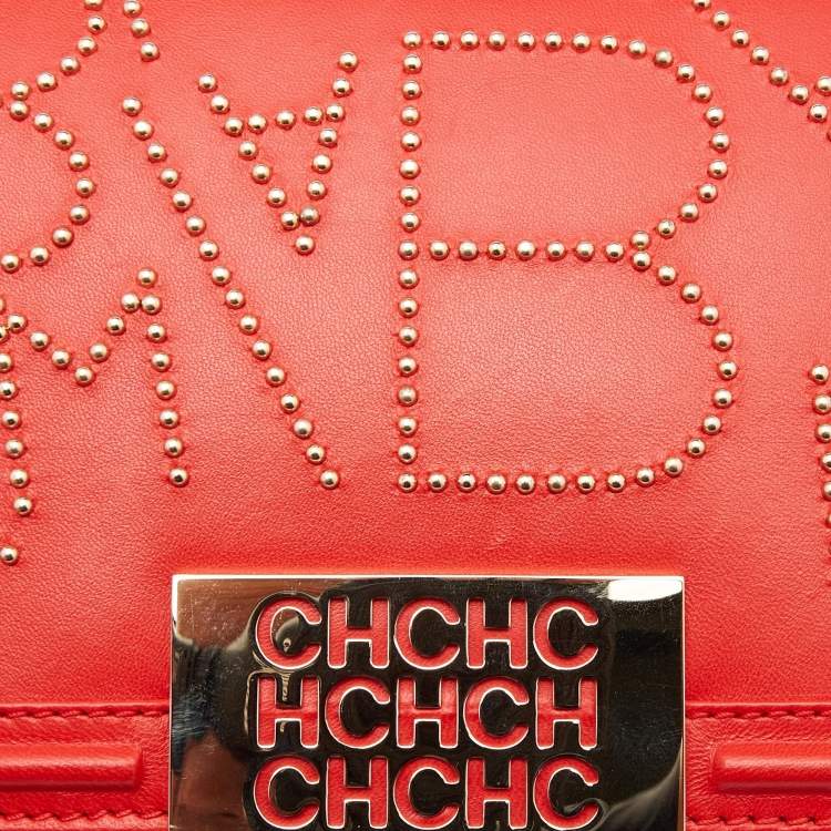 Pre Owned Carolina Herrera Red Leather Studded Bimba Shoulder Bag