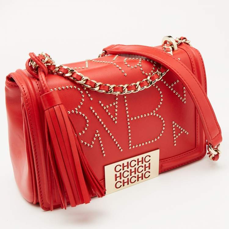 Pre Owned Carolina Herrera Red Leather Studded Bimba Shoulder Bag