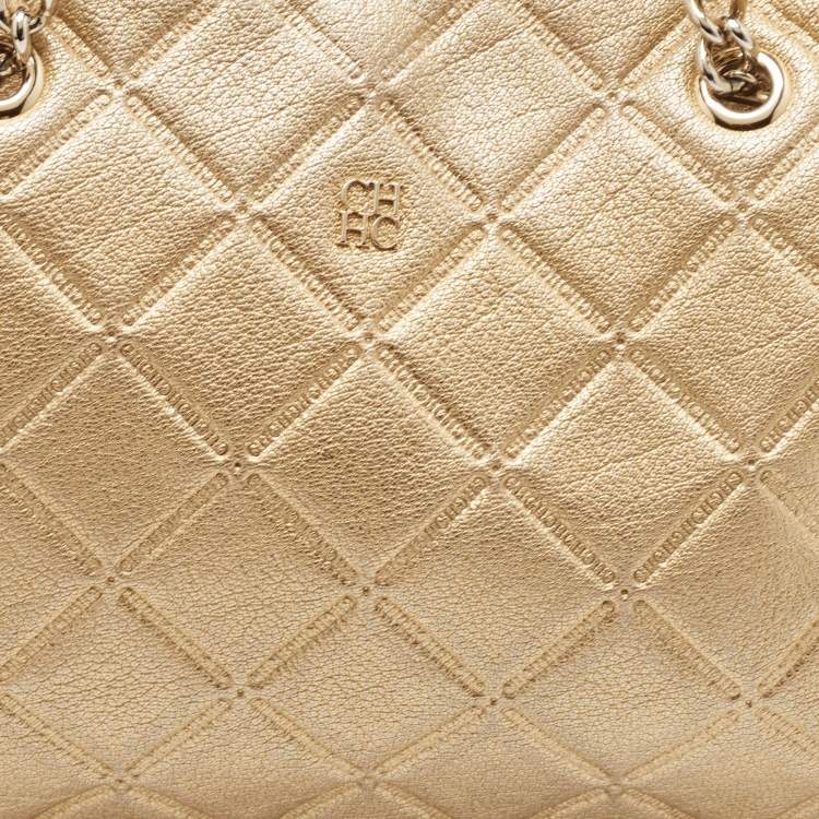 Pre Owned Carolina Herrera Gold Quilted Embossed Leather Chain Tote