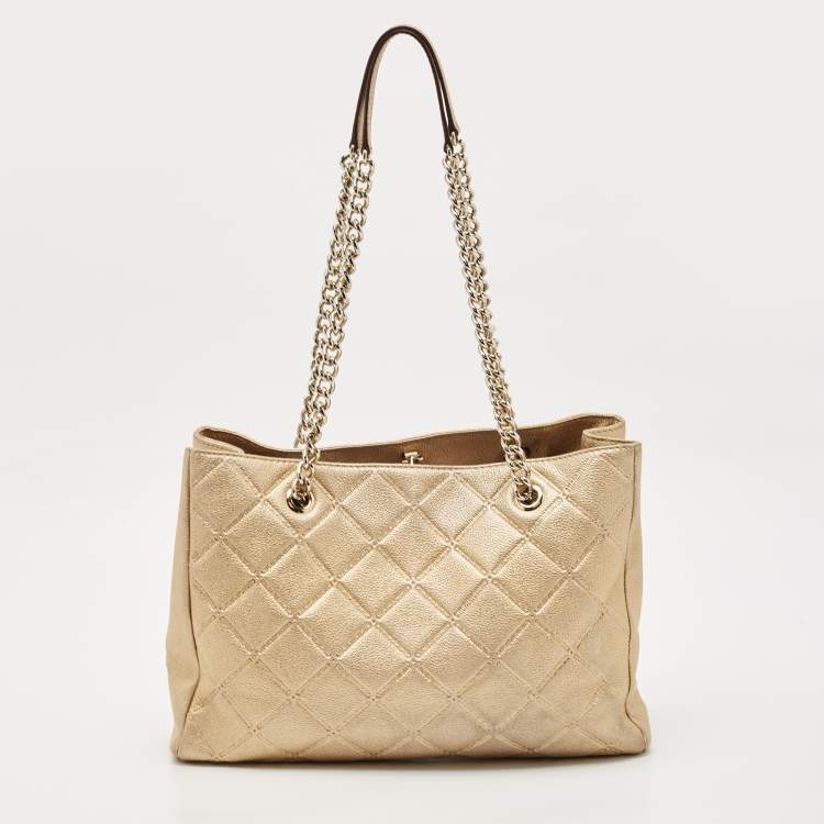Pre Owned Carolina Herrera Gold Quilted Embossed Leather Chain Tote