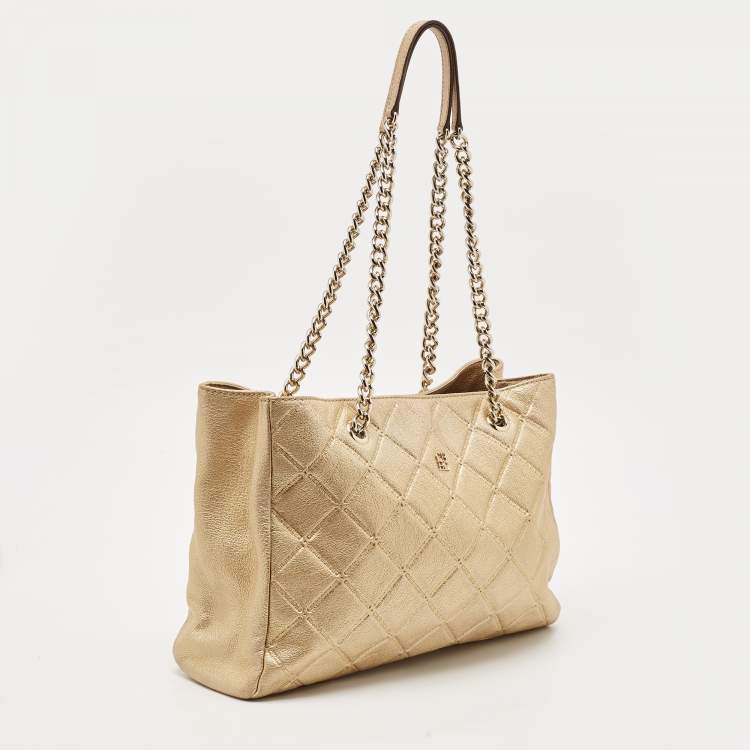 Pre Owned Carolina Herrera Gold Quilted Embossed Leather Chain Tote