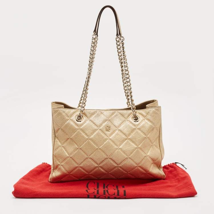 Pre Owned Carolina Herrera Gold Quilted Embossed Leather Chain Tote