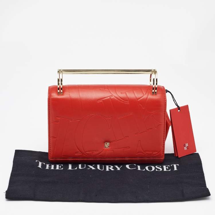 مملوكة مسبقًا Carolina Herrera Red Logo Embossed Leather Insignia Top Handle Bag