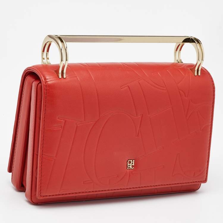 مملوكة مسبقًا Carolina Herrera Red Logo Embossed Leather Insignia Top Handle Bag