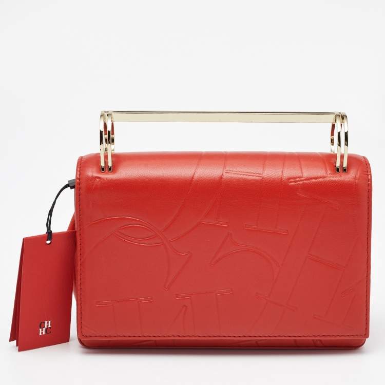 مملوكة مسبقًا Carolina Herrera Red Logo Embossed Leather Insignia Top Handle Bag