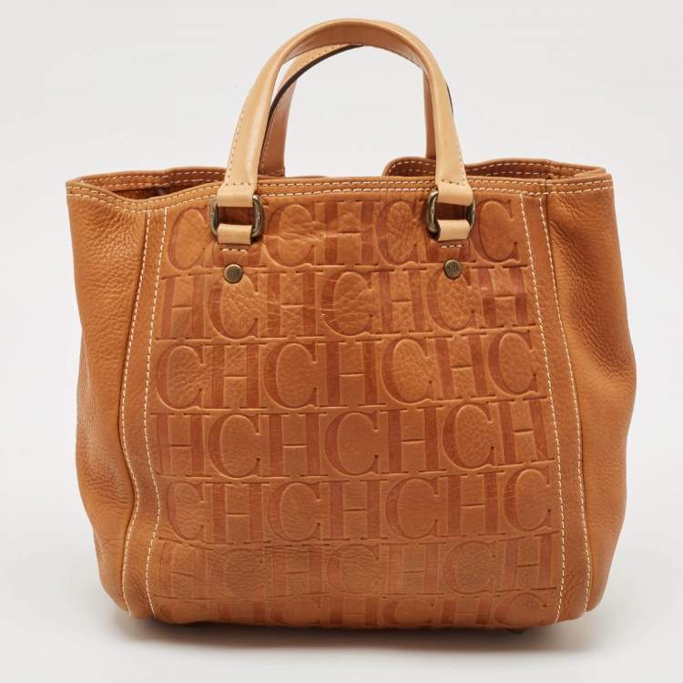 Pre Owned Carolina Herrera Brown Monogram Embossed Leather Andy Tote
