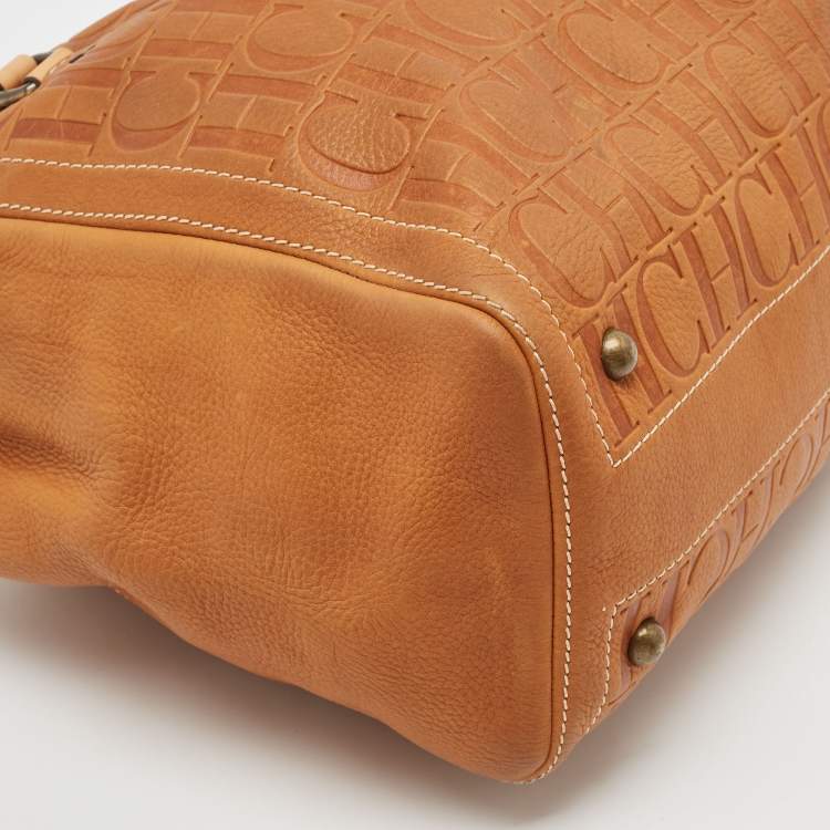 Pre Owned Carolina Herrera Brown Monogram Embossed Leather Andy Tote