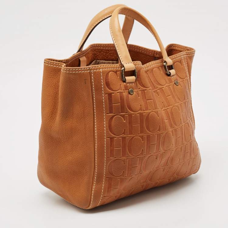 Pre Owned Carolina Herrera Brown Monogram Embossed Leather Andy Tote