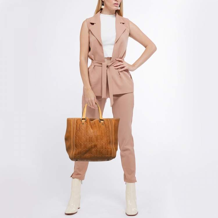Pre Owned Carolina Herrera Brown Monogram Embossed Leather Andy Tote