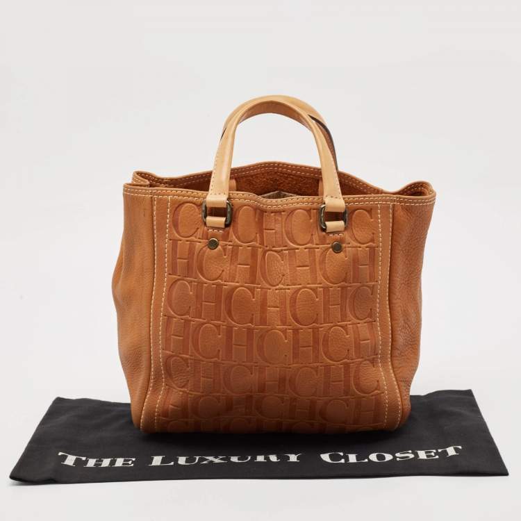 Pre Owned Carolina Herrera Brown Monogram Embossed Leather Andy Tote