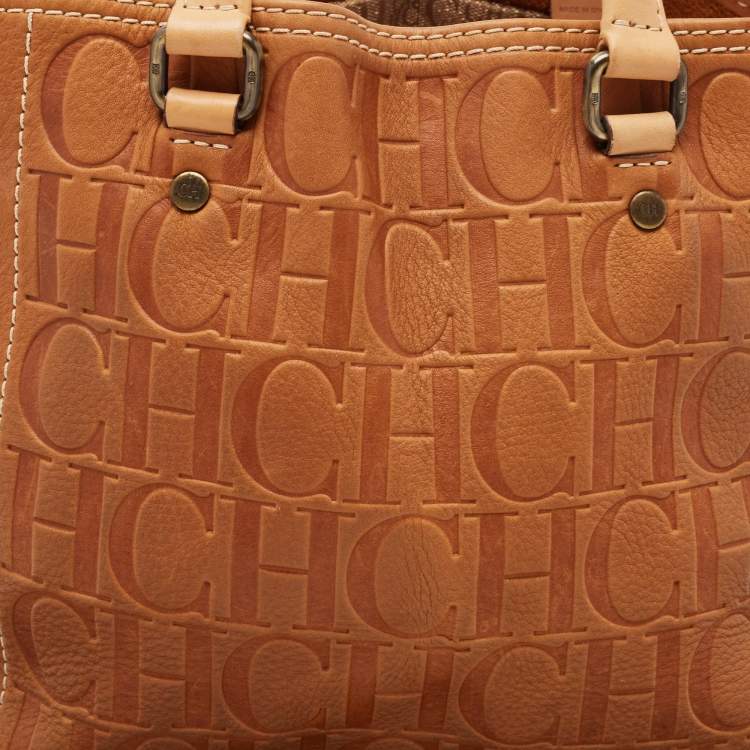 Pre Owned Carolina Herrera Brown Monogram Embossed Leather Andy Tote