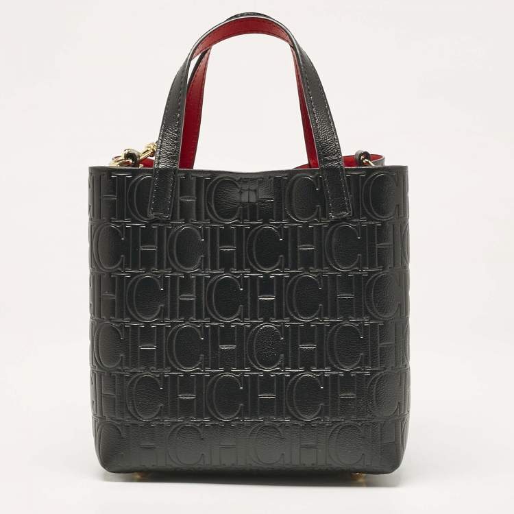 Pre Owned Carolina Herrera Black Monogram Embossed Leather Small Matryoshka Locked Tote