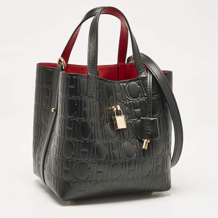 Pre Owned Carolina Herrera Black Monogram Embossed Leather Small Matryoshka Locked Tote