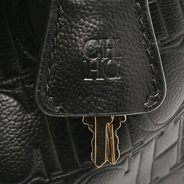 Pre Owned Carolina Herrera Black Monogram Embossed Leather Small Matryoshka Locked Tote