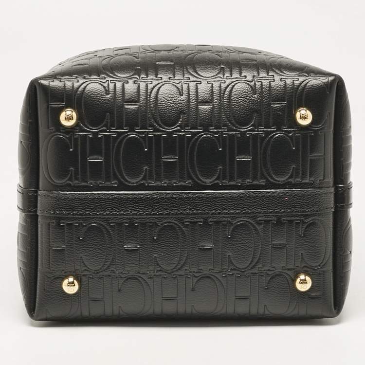 Pre Owned Carolina Herrera Black Monogram Embossed Leather Small Matryoshka Locked Tote