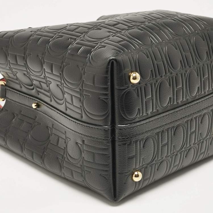 Pre Owned Carolina Herrera Black Monogram Embossed Leather Small Matryoshka Locked Tote