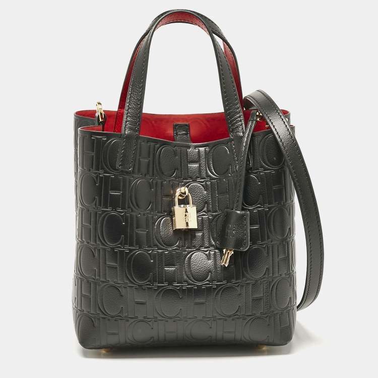 Pre Owned Carolina Herrera Black Monogram Embossed Leather Small Matryoshka Locked Tote