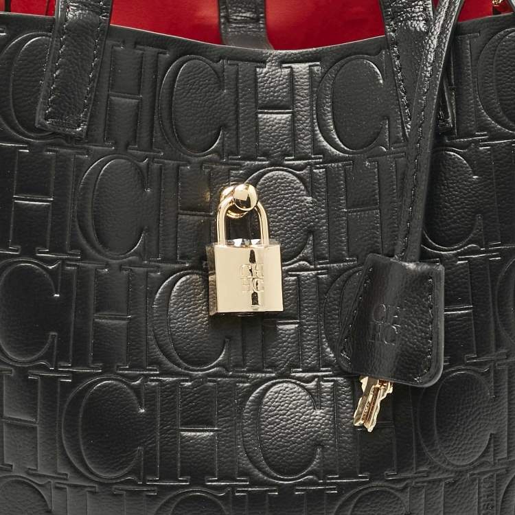 Pre Owned Carolina Herrera Black Monogram Embossed Leather Small Matryoshka Locked Tote