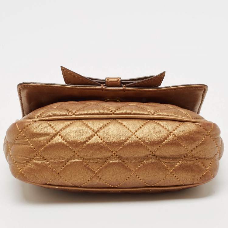 Pre Owned Carolina Herrera Gold Monogram Embossed Leather Bow Flap Chain Bag