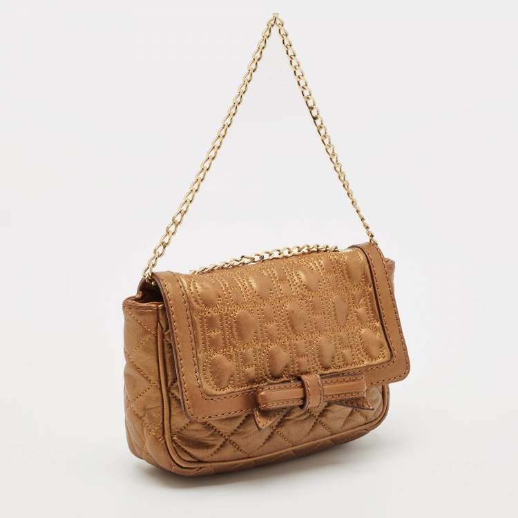Pre Owned Carolina Herrera Gold Monogram Embossed Leather Bow Flap Chain Bag