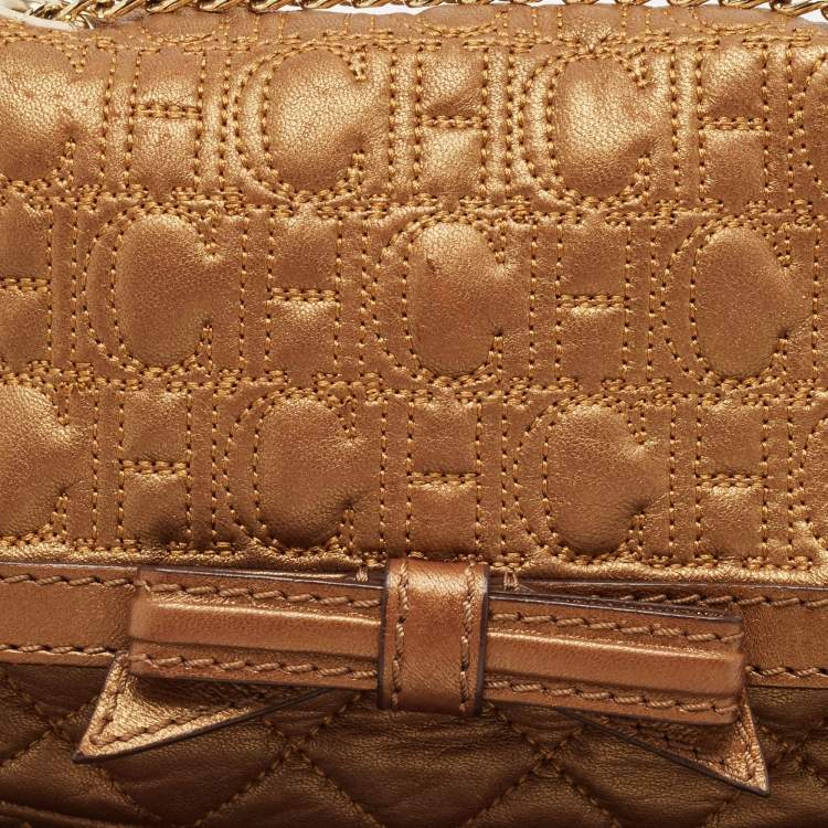 Pre Owned Carolina Herrera Gold Monogram Embossed Leather Bow Flap Chain Bag