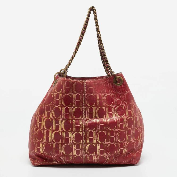 Pre Owned Carolina Herrera Red/Gold Monogram Leather Chain Tote