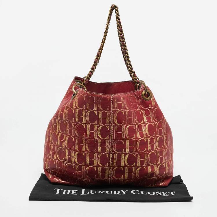 Pre Owned Carolina Herrera Red/Gold Monogram Leather Chain Tote