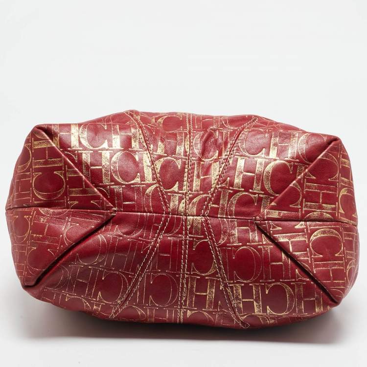 Pre Owned Carolina Herrera Red/Gold Monogram Leather Chain Tote