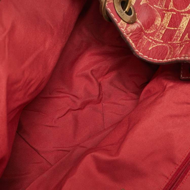 Pre Owned Carolina Herrera Red/Gold Monogram Leather Chain Tote
