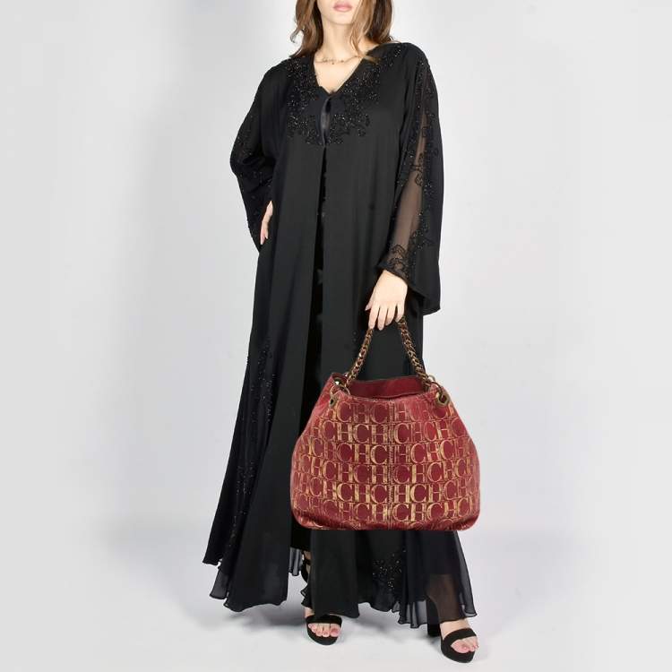 Pre Owned Carolina Herrera Red/Gold Monogram Leather Chain Tote