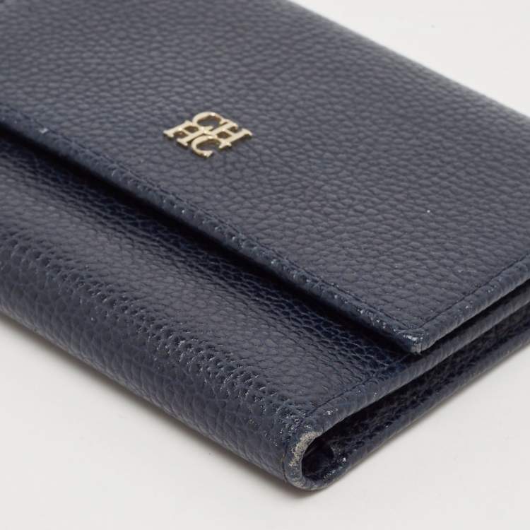Pre Owned Carolina Herrera Navy Blue Leather Logo Trifold Wallet