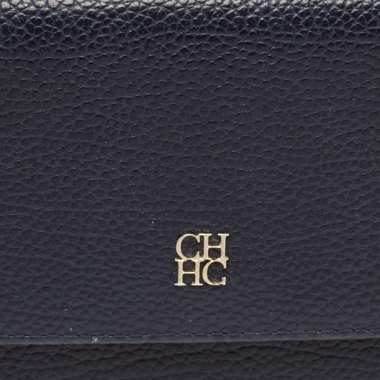 Pre Owned Carolina Herrera Navy Blue Leather Logo Trifold Wallet