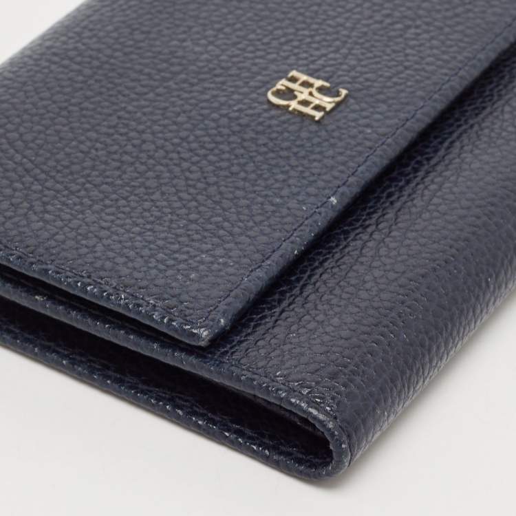 Pre Owned Carolina Herrera Navy Blue Leather Logo Trifold Wallet