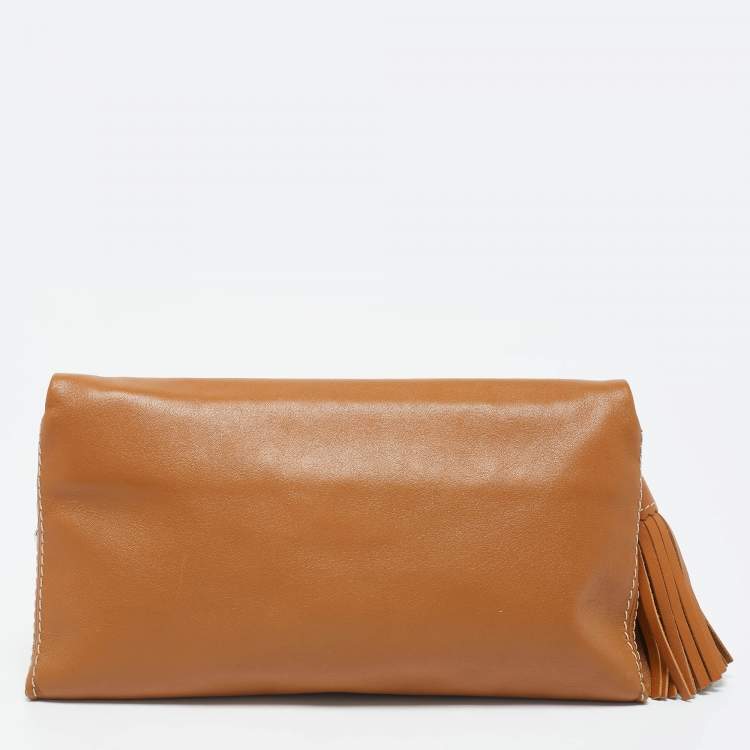 Pre Owned Carolina Herrera Tan Leather Flap Tassel Shoulder Bag