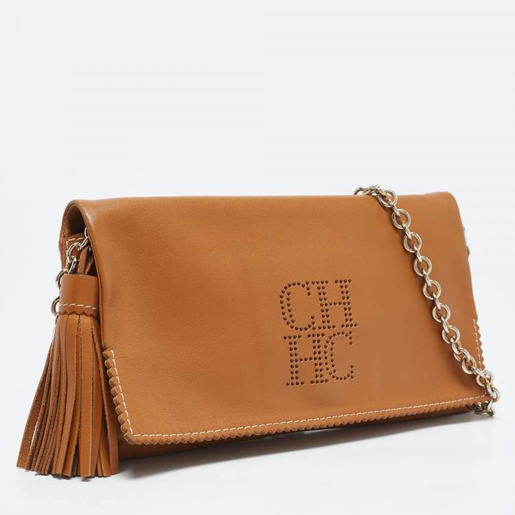 Pre Owned Carolina Herrera Tan Leather Flap Tassel Shoulder Bag