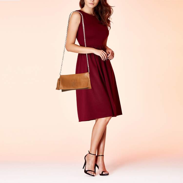 Pre Owned Carolina Herrera Tan Leather Flap Tassel Shoulder Bag
