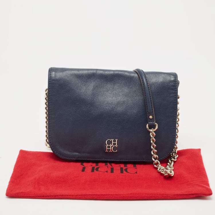 Pre Owned Carolina Herrera Navy Blue Leather New Baltazar Flap Shoulder Bag