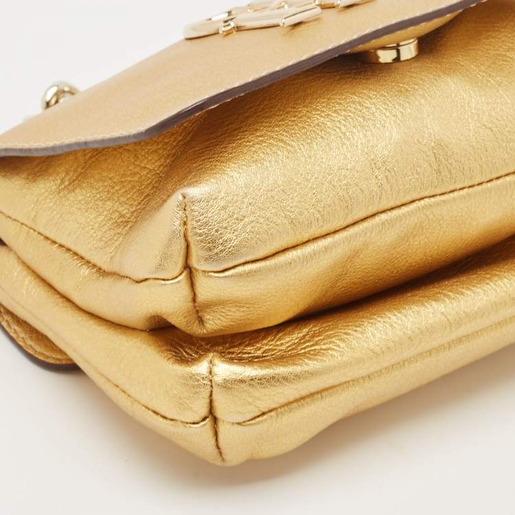 Pre Owned Carolina Herrera Gold Leather Double Flap Chain Bag