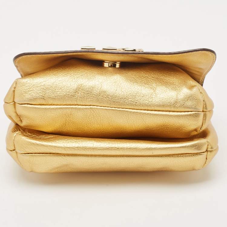 Pre Owned Carolina Herrera Gold Leather Double Flap Chain Bag